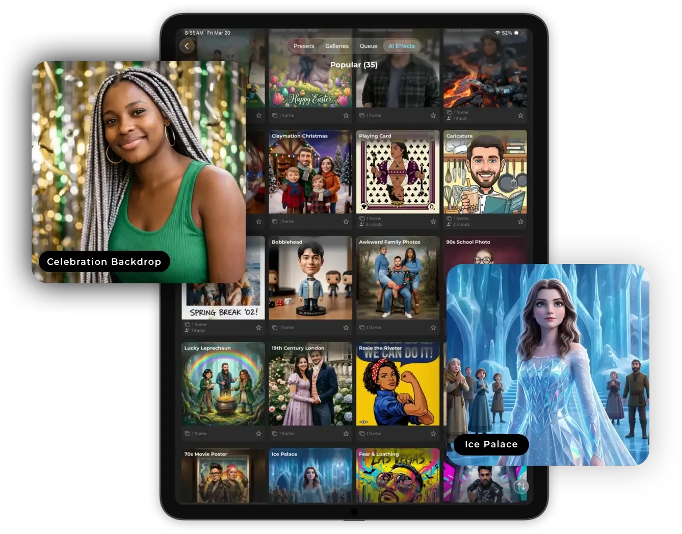 Simple Booth dashboard showing AI effect library with ready-made styles
